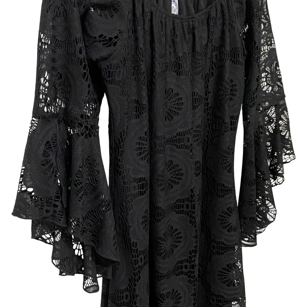 Black‎ Lace Boho Gypsy Bell Sleeve Mini Dress L Dark Feminine Romantic Made USA